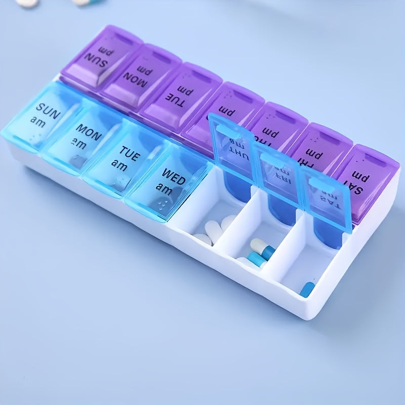 Portable 7-day pill organizer with dual-color compartments made of plastic.