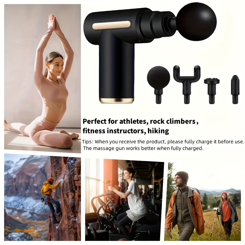 Portable massage gun with LCD display and USB rechargeability, featuring 6 vibration speeds and 4 accessories. Suitable for sports and outdoor use, a great gift idea for the holidays.