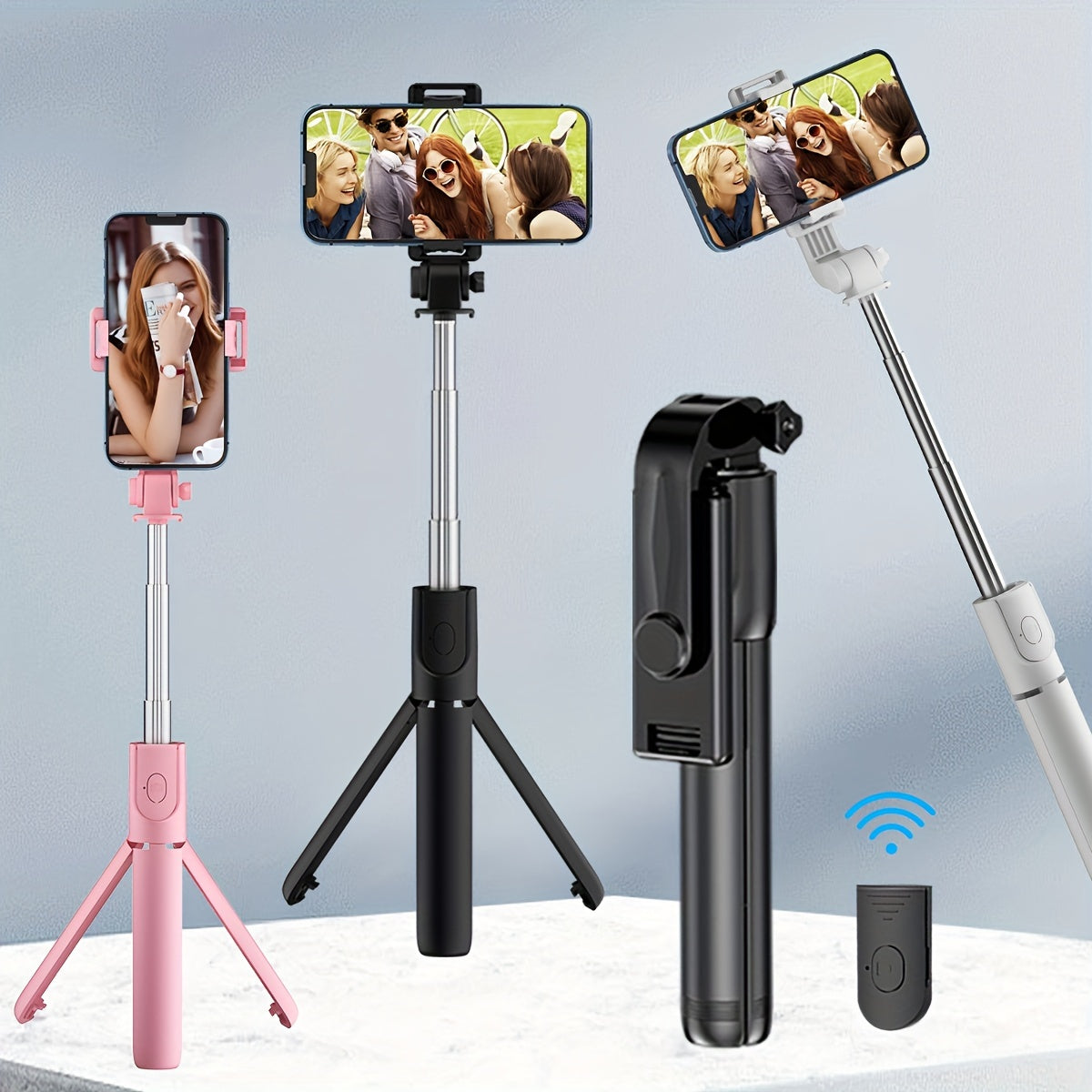 Multi-purpose wireless selfie stick with tripod, remote control, phone holder, and live streaming capabilities, perfect for travel and taking photos.