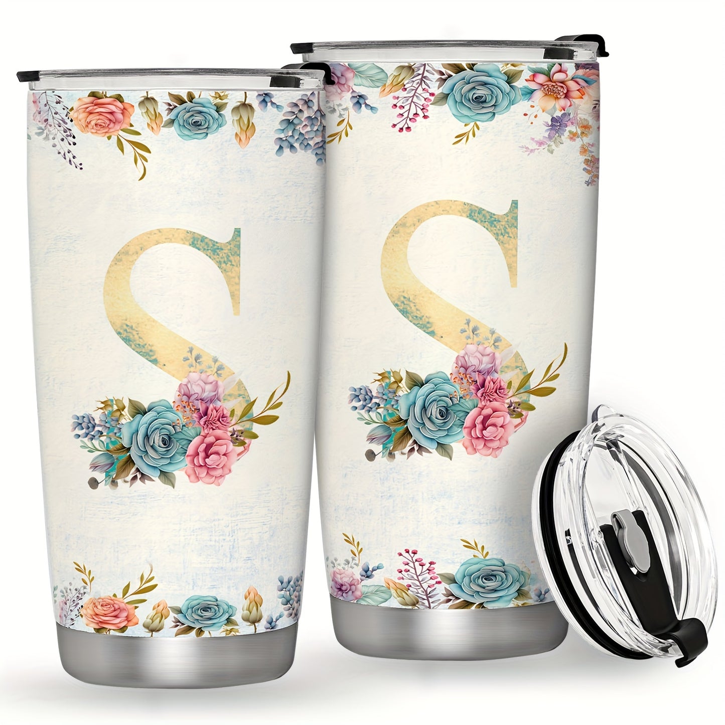 20oz Stainless Steel Tumbler with Initial Monogram, Floral Design, Leak Proof Lid, Perfect for Outdoor Activities, Great Gift for Holidays.