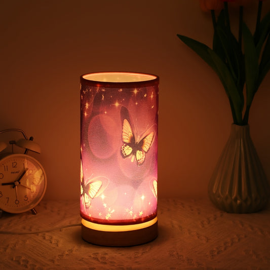 Purple butterfly table lamp with wood base - ideal for bedside or room decor.