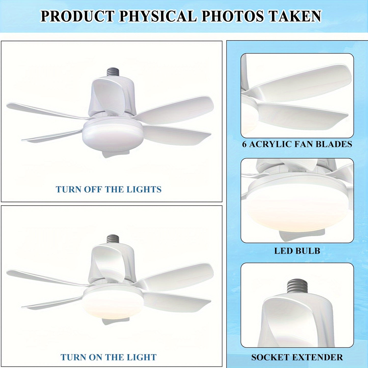 Modern dimmable LED ceiling fan light with remote, multi-speed fan with 3 color options. Easy install with E26/E27 base, hard-wired for various rooms, no battery needed.