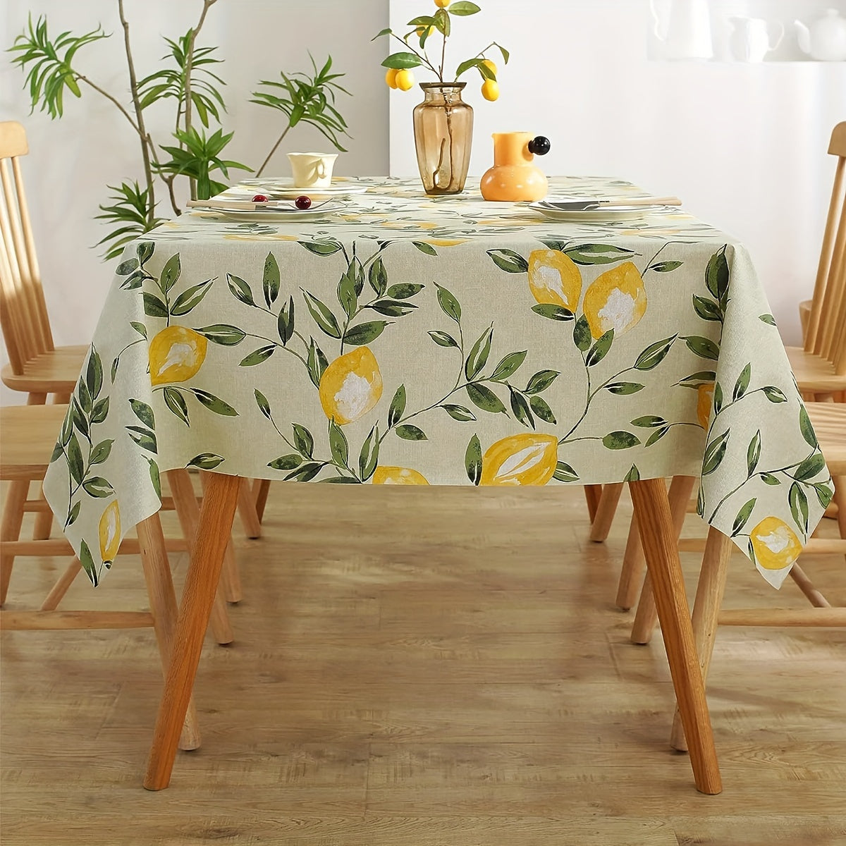 1pc Lemon & Leaf Pattern Vinyl Tablecloth - Waterproof, Oil-Resistant, Easy to Clean, Rectangular Flannel for Kitchen, Parties, Picnics, Patio Dining - Lemon Decor