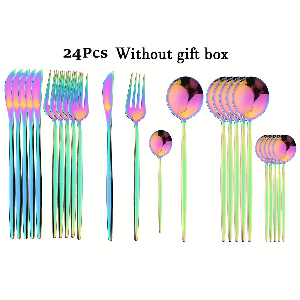 24-piece black handle gold cutlery set made of stainless steel for kitchen or dining use, perfect for gifting.