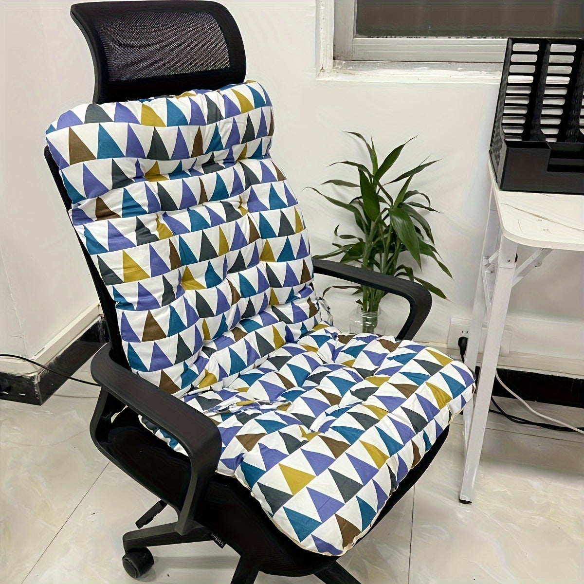 Ergonomic office chair cushion made of thick polyester for comfort. Hand wash only. Suitable for home and car seats. Only cushion included, chair not included.