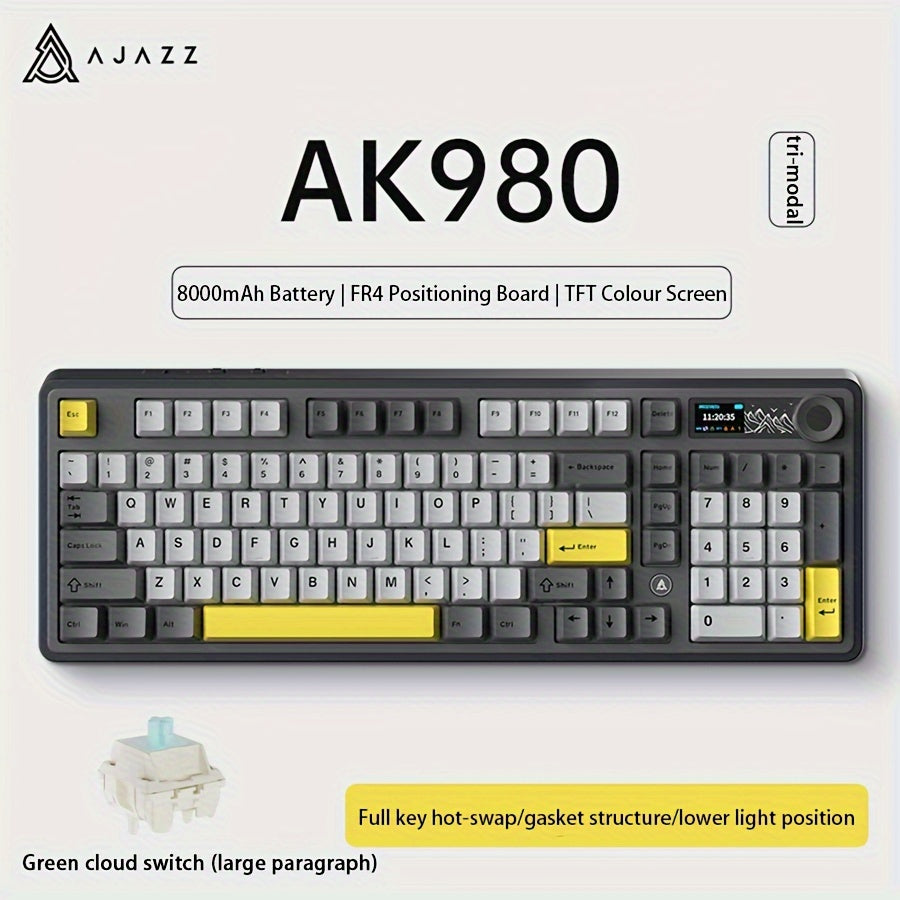 AJAZZ AK980 98-клавишная RGB механическая игровая клавиатура с беспроводным подключением 2.4G/5G, регулятором громкости, TFT цветным дисплеем, FR4 позиционной платой, конструкцией GASKET, полностью заменяемыми клавишами, аккумулятором на 8000 мАч.