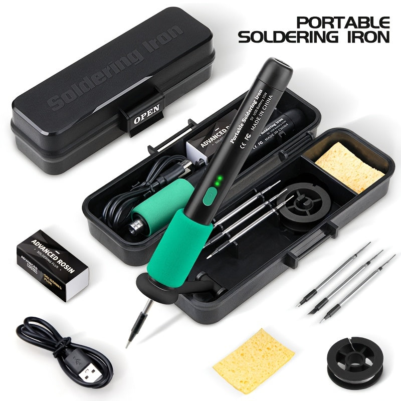 Adjustable temperature mini soldering iron kit with USB rechargeable battery. Includes 3 soldering tips, stand, sponge, and storage case. Ideal for various projects such as home appliance