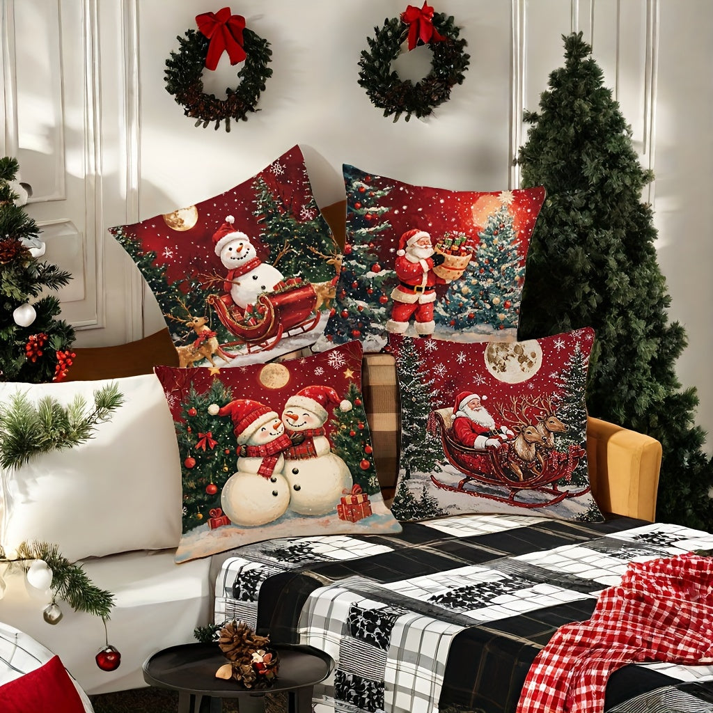 Set of 4 modern Christmas throw pillow covers, woven polyester, hand-washable, zippered, festive holiday prints, sofa and living room décor, 45.01x45.01 cm, insert not included.