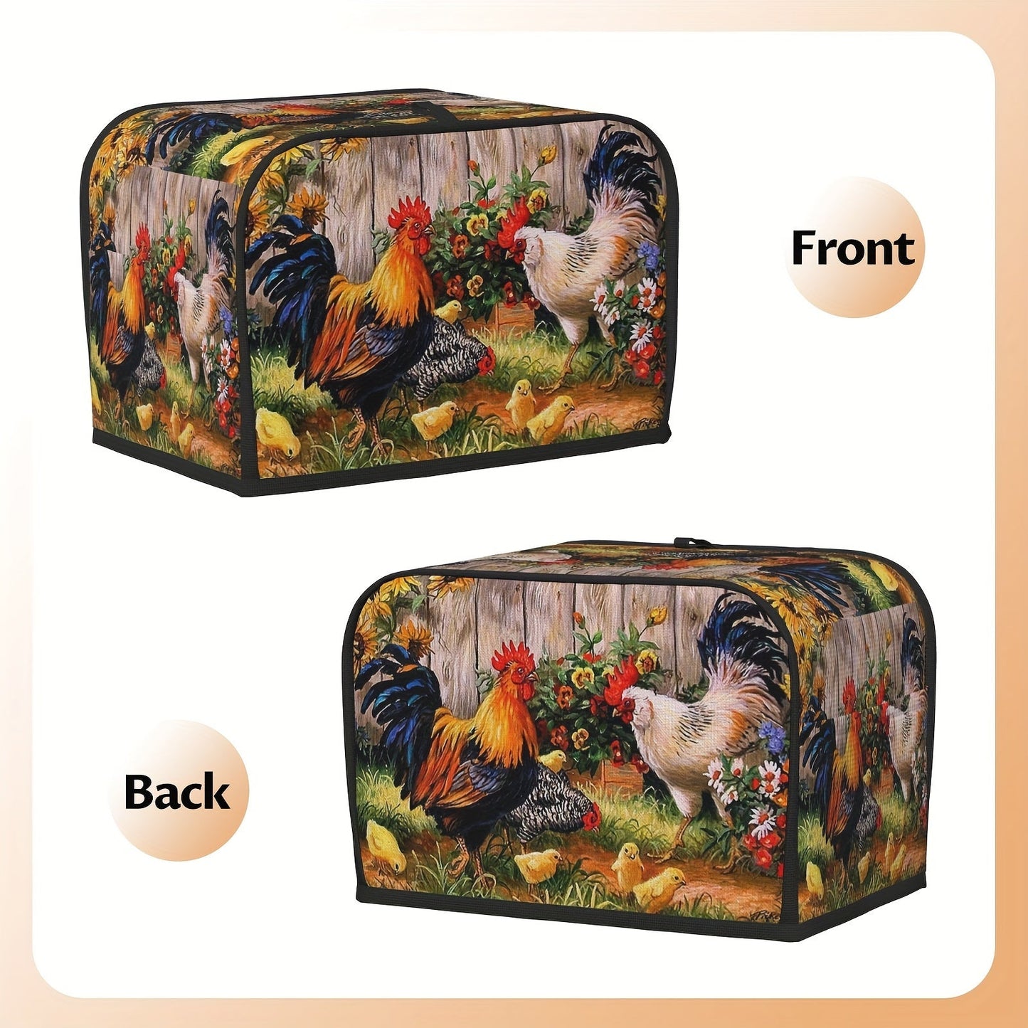 Protect your 2 slice wide slot toaster with this rooster patterned cover. Keep dust, fingerprints, and grease at bay while preventing sputtering. This machine washable cover requires no electricity, making it an ideal gift for women.