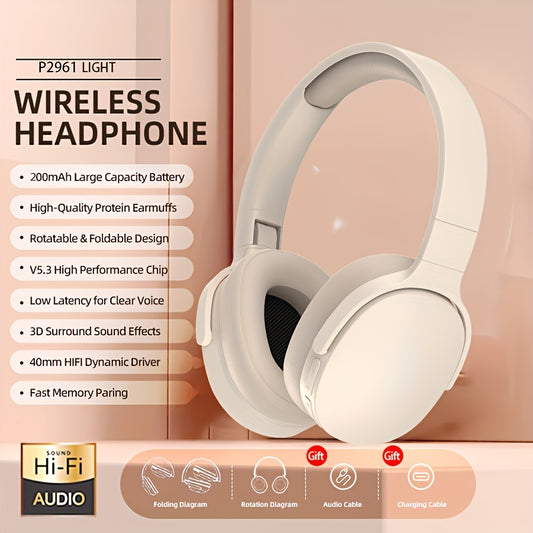 Wireless earphones with AUX port, foldable design for various uses, wireless connectivity and volume control.