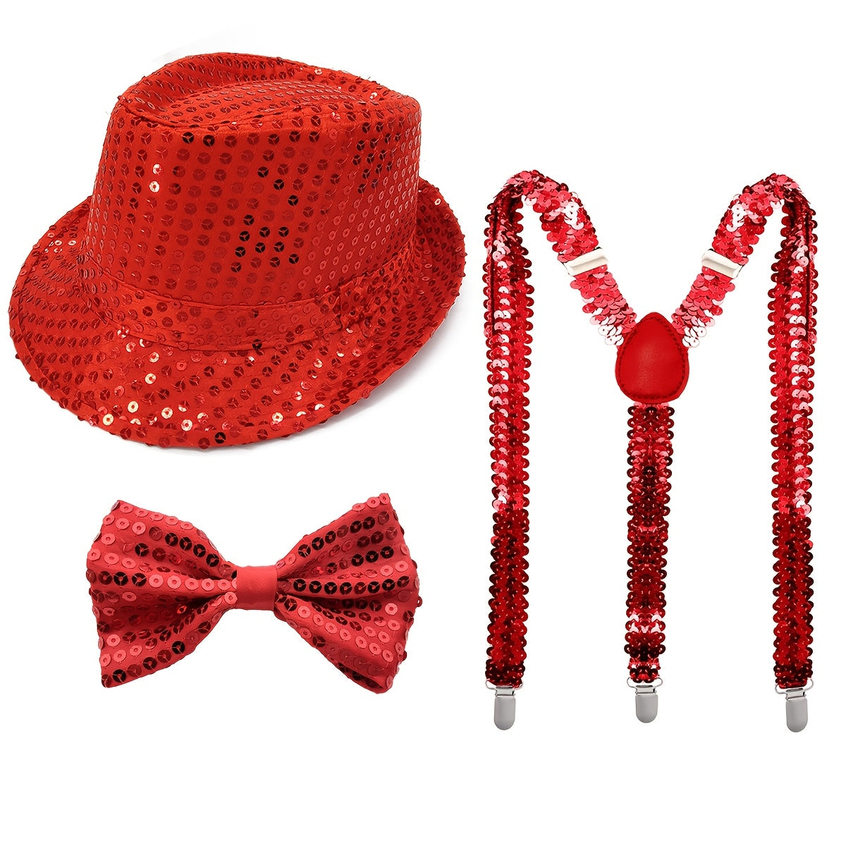 D EXCEED offers a set of three Disco sequin fedora hats with retro glitter accessories.