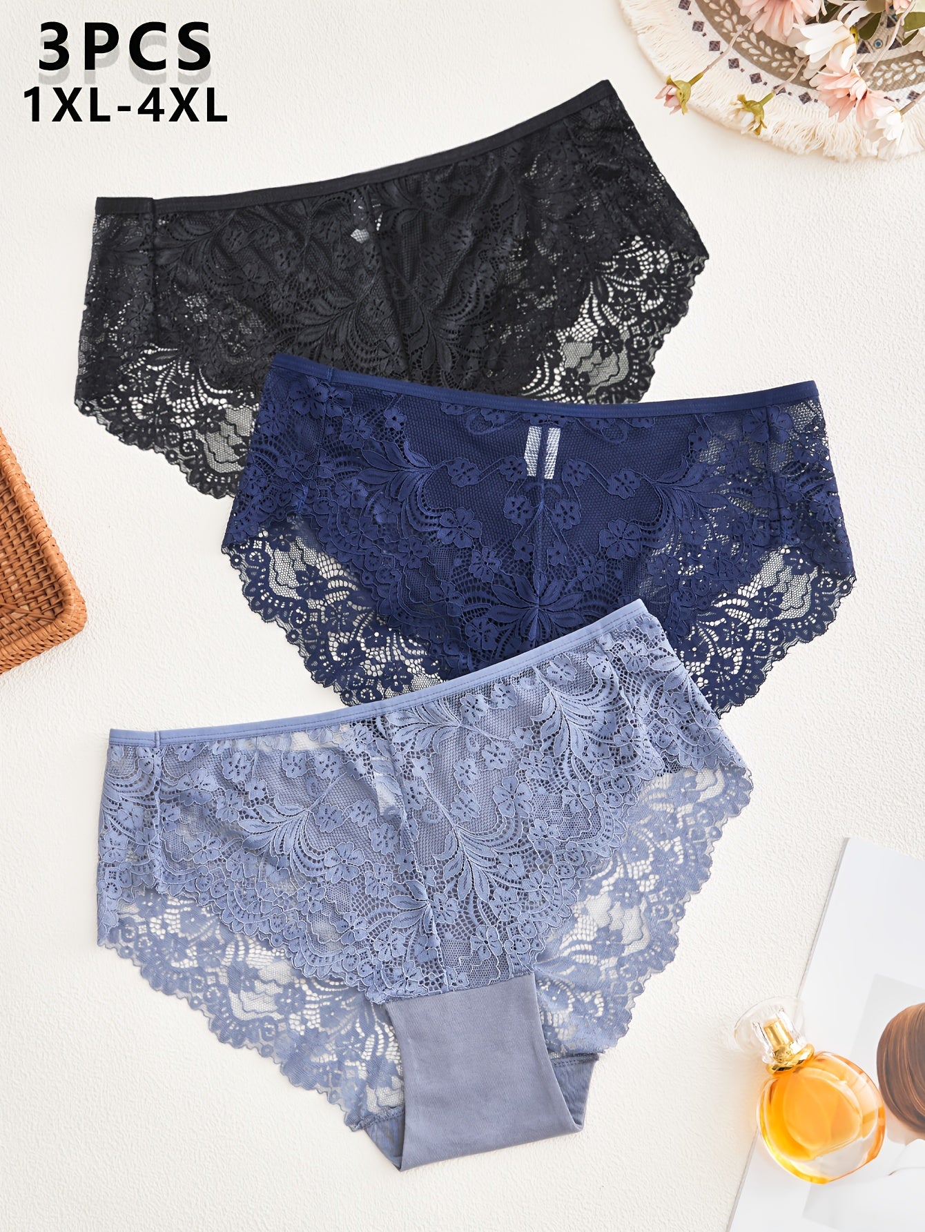 3-Pack of high-waisted, lace panties for plus-size women with floral print, made from soft, breathable stretch fabric.