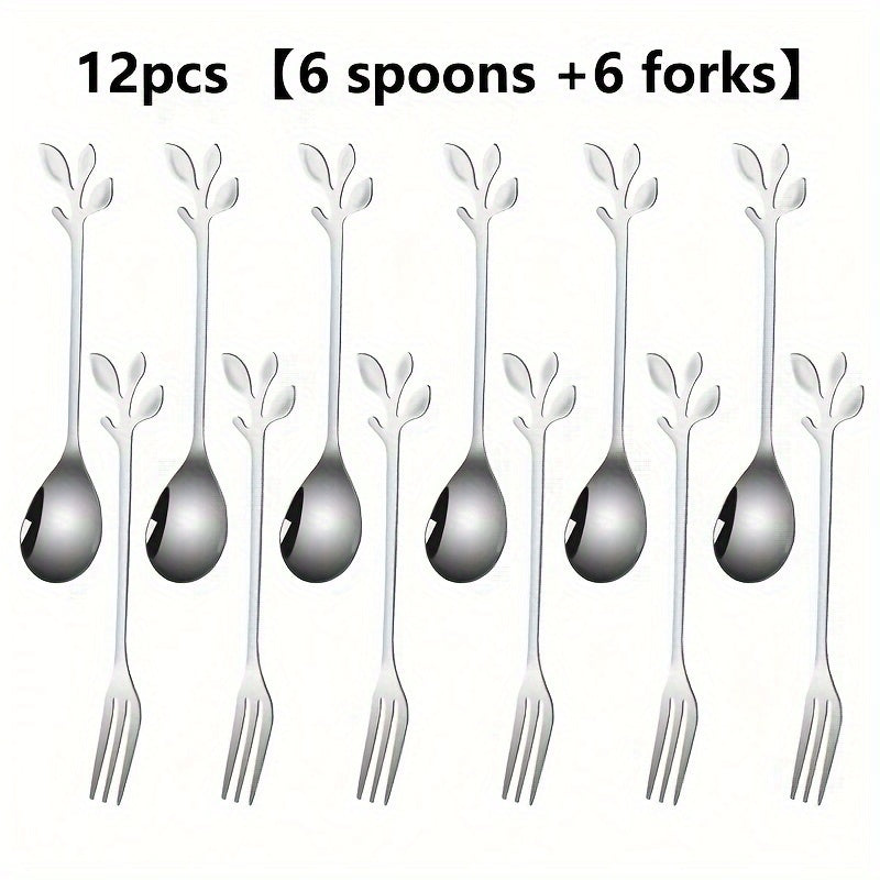 Leaf-shaped dessert spoons and forks in 24-pack, 12-pack, and 6-pack sizes for home and commercial use. Ideal for stirring, couple gifts, birthdays, parties, cakes, salads, and dinner gatherings. Trendy and stylish design.