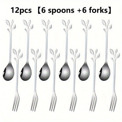 Leaf shape dessert spoon and fork set available in 6, 12, or 24 pieces. Ideal for household and commercial use, perfect for mixing and serving. Makes a great couple gift with high appearance level for birthday parties, potlucks, or special occasions.