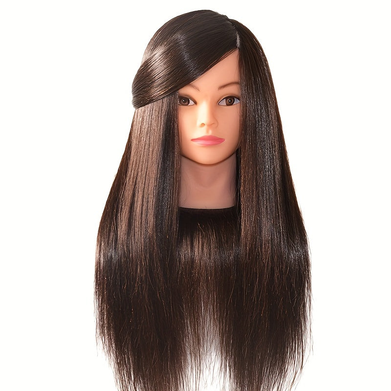 Mannequin head with 85% real human hair for professional hair styling, includes stand for braiding, curling, and perm practice.