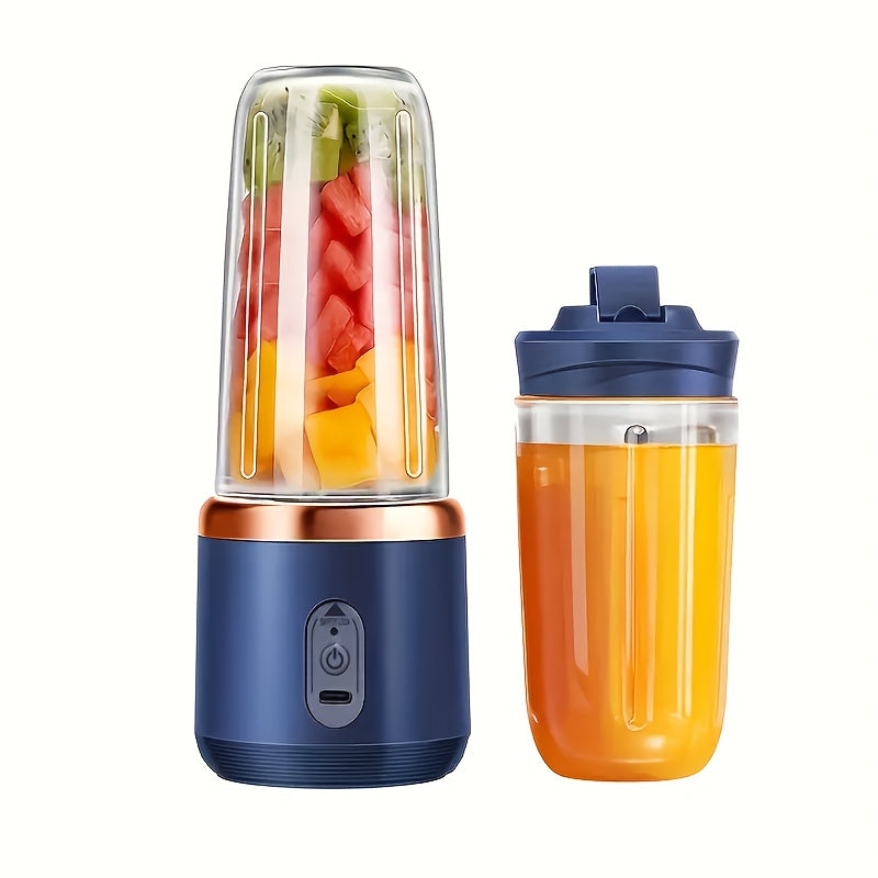 Portable USB rechargeable blender with 6-blade system, detachable food-grade ABS cup, push-button control, and long-lasting 1500mAh lithium battery - perfect for smoothies, shakes, and children's meals. Travel-friendly design includes a lid and is