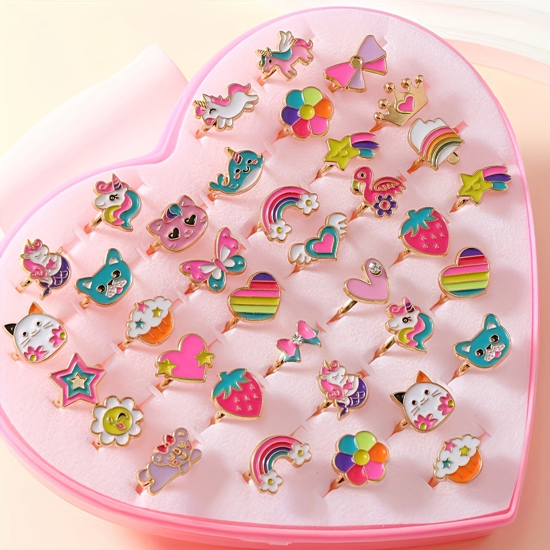 36 adjustable princess theme rings for girls in mixed color enamel design, made of zinc alloy.