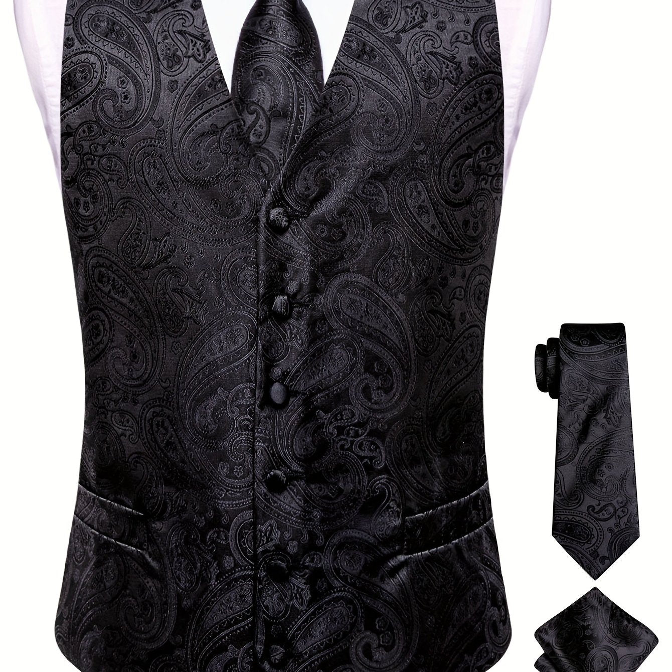 Set of 4 Plus Size Men's Paisley Vest with Necktie, Hanky, Cufflinks for Business, Wedding, Party