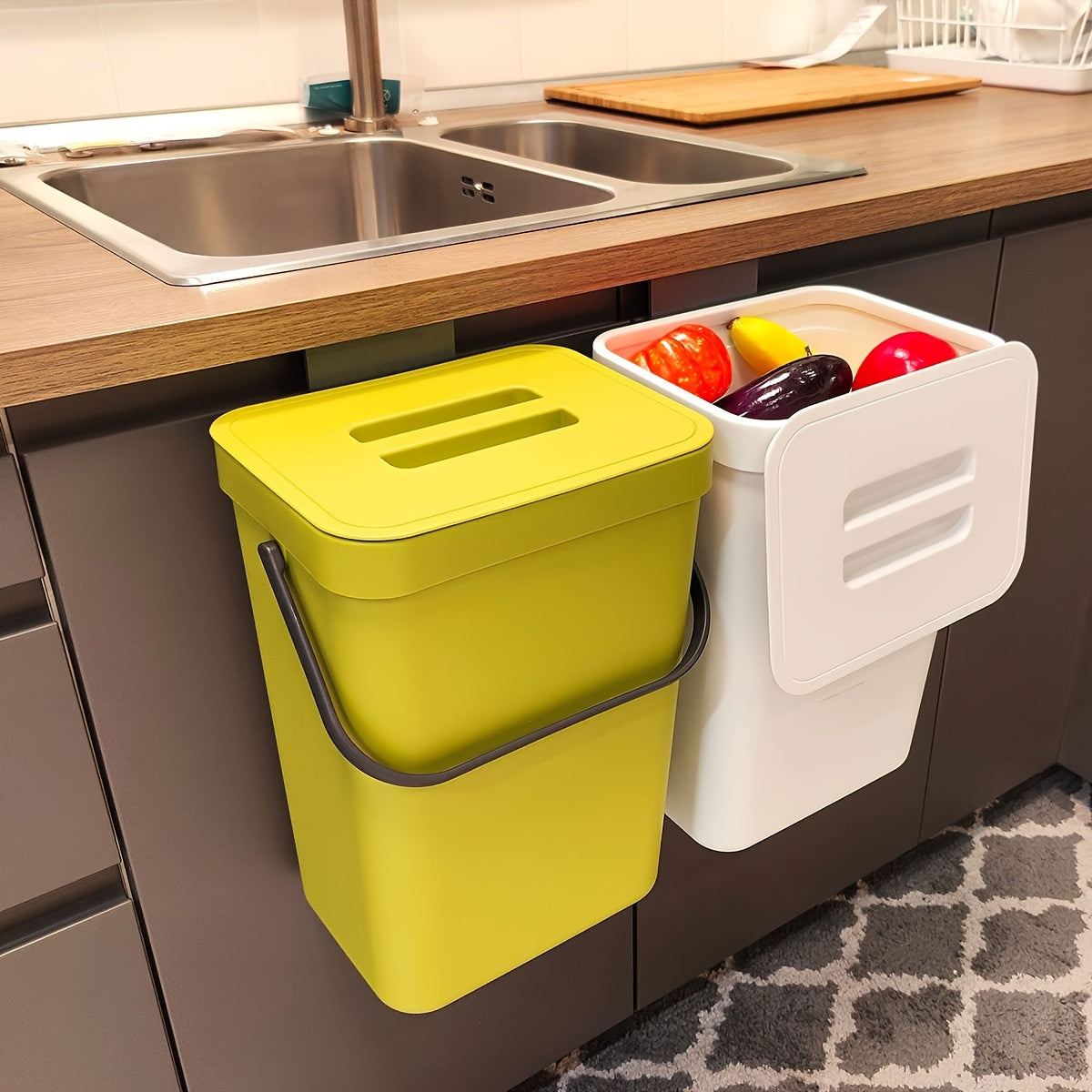 1-piece 12L Trash Can with Lid for kitchen compost, under sink garbage storage. Plastic bin for home and office accessories, storage, and decor.