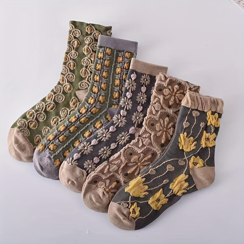 Five pairs of ethnic style mid-calf socks with embossed patterns, comfortable and breathable.