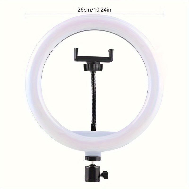 1 LED Ring Light with tripod and phone holder, dimmable and USB-powered. Ideal for YouTube videos, photography, selfies, vlogs, makeup, and live streaming. Portable.