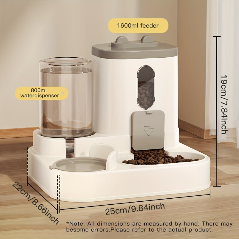 Combined automatic cat feeder and water dispenser for cats, non-electric and neck-friendly option for food and water.