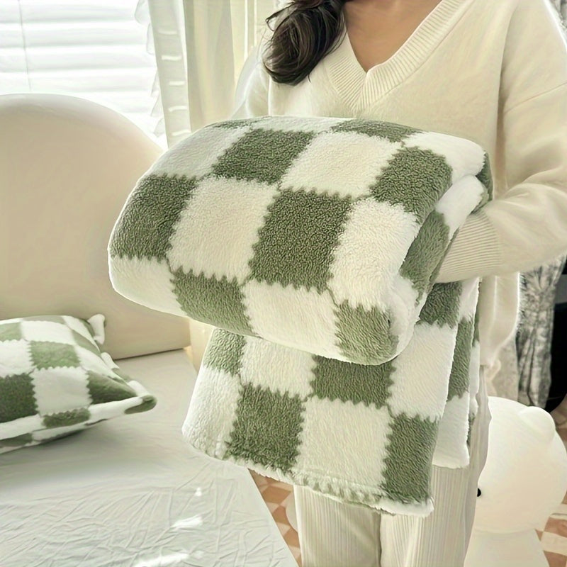 Soft and cozy plaid flannel throw blanket, perfect for staying warm on the couch, napping in the office, or traveling. Features a versatile checkerboard design and is machine washable for easy care.