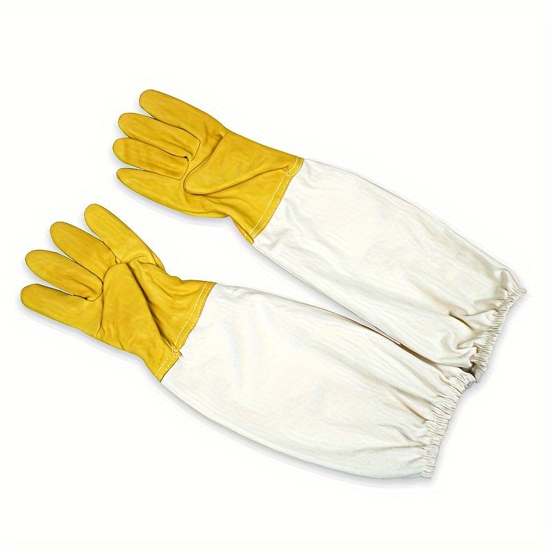 Beekeeping gloves with durable goatskin faux leather, ventilated long sleeves, elastic cuffs, and yellow palm protection