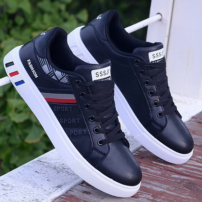 Men's fashion skate shoes with striped canvas design, PU upper, fabric lining, rubber sole, EVA insole, low top lace-up style, and round toe.