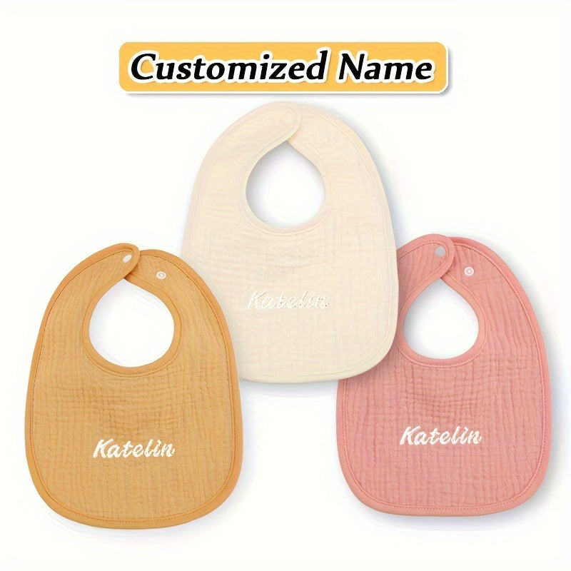 Bundle of 3 Custom Baby Bibs in Yellow, Gray, and Pink - Made with Soft Cotton and Adjustable Snap Buttons. Includes Personalized Name Service, Ideal for Newborns and Toddlers. Great for Holiday Gifting!