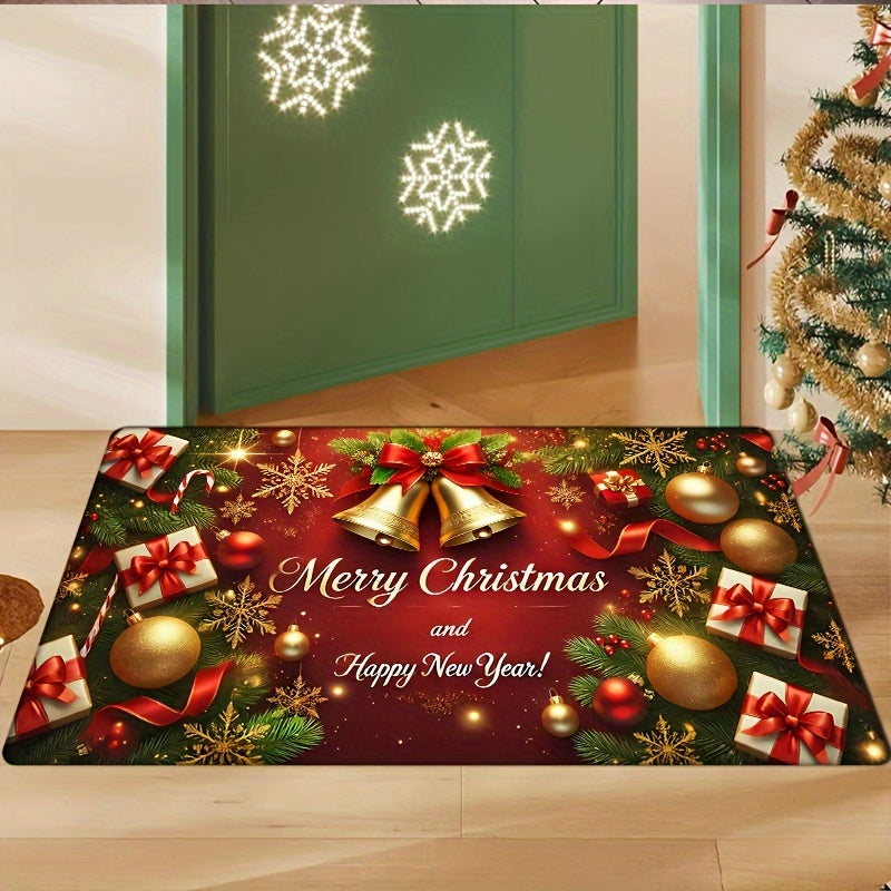 Christmas Doormat made of luxurious plush material, 1.2cm thick and non-slip. Festive red with golden bells and snowflakes design. Absorbent and machine washable, suitable for living room, bedroom, kitchen, office, laundry area, and as a Christmas floor