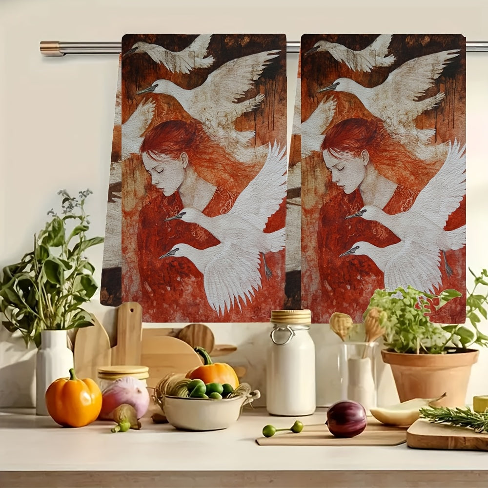 Set of 2 Serene Swan and Red-Haired Woman Art Kitchen Towels - Made of Ultra Soft, Highly Absorbent Polyester Material, Machine Washable, 40.64x60.96 cm - Perfect for Holiday Decor and Daily Use, Dish Hand Towels