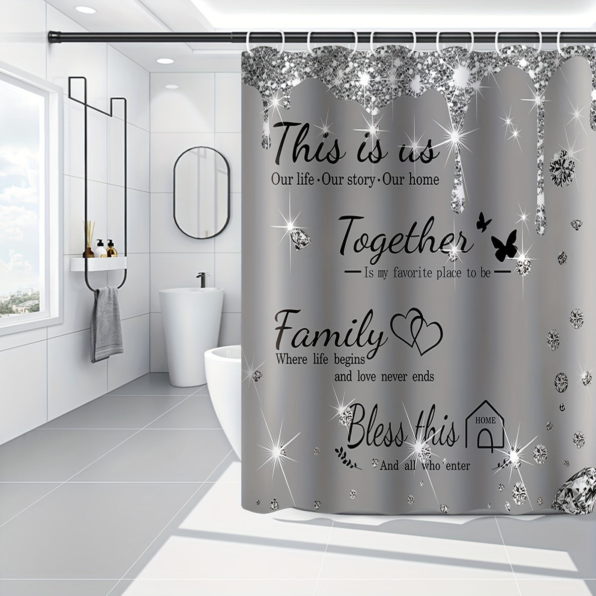 Set of 4 gray shower curtains with diamond letter print, bath mats, non-slip carpet, toilet lid cover, and bathtub partition for luxurious bathroom decor.