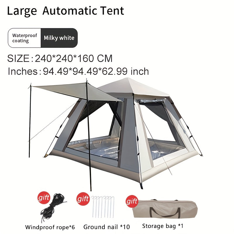 Portable and foldable 6-person family camping tent with automatic setup, ventilated sunshade, and all-season polyester fabric.