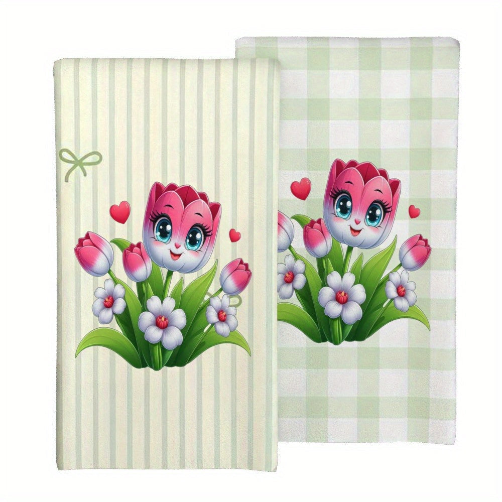 Two pieces of incredibly soft decorative towels featuring a whimsical flower design. These towels measure 45.72x66.04 cm and are both quick-dry and highly absorbent, making them perfect for use in the kitchen or bathroom. They are also machine washable