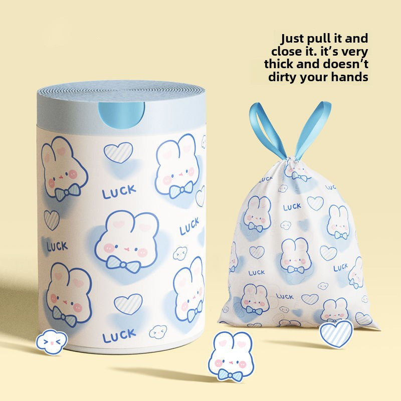 Pack of 100 adorable rabbit print drawstring trash bags, perfect for kitchen use. Made of disposable plastic, these garbage bags are ideal for various household tasks. Featuring a thickened design for durability.