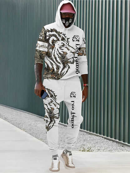 Men's polyester tracksuit set with geometric lion print, 3D digital print sweatshirt and pants, slight stretch fabric, ideal for casual spring/fall wear.