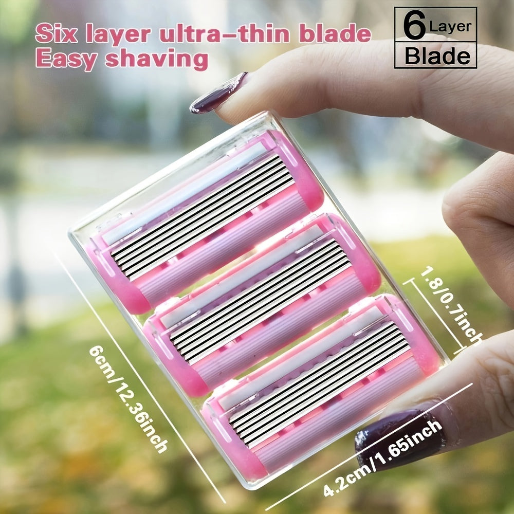 Women's bikini hair removal kit with 6-layer stainless steel blades, replaceable heads, hypoallergenic, and washable for all skin types.