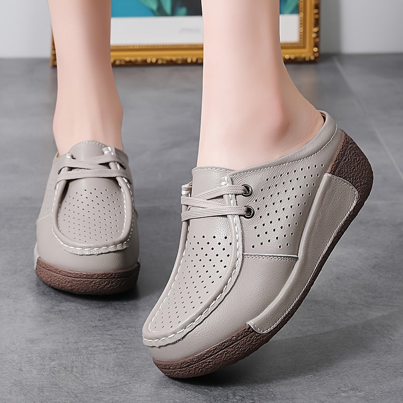 Women's Summer Slip-On Mule Shoes, Hollow-Out White Sneakers with Wedge Heel, Casual and Comfortable