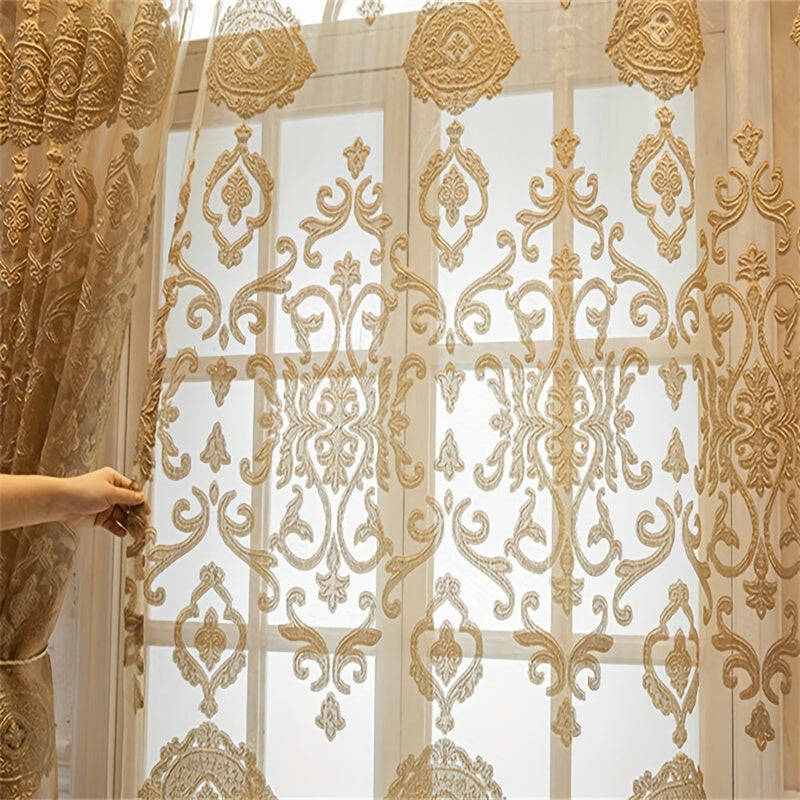 Luxury Sheer Curtains - Featuring Elegant Golden Jacquard Design, Made of Lightweight Polyester Tulle with Grommet Top for Living Room, Bedroom, Sliding Glass Patio. These Modern European Style Window Drapes add a touch of sophistication to any living