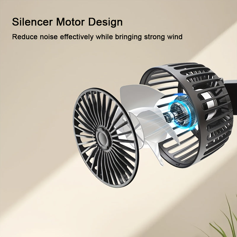 Compact car fan with dual-head rear seat design, providing powerful airflow with 5 blades and 360-degree rotation. Offers large air volume and operates quietly, with easy clip installation and foldable design that hides under the headrest. Removable for