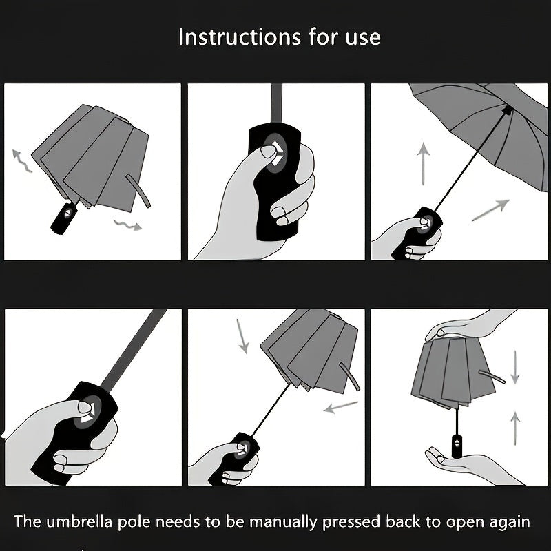 Durable, portable, unisex automatic umbrella with 24 reinforced ribs for sunny and rainy days.