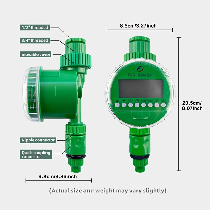 Automatic Digital Watering Timer with LCD Display - Battery operated controller for home irrigation, European standard plastic material, green generation.