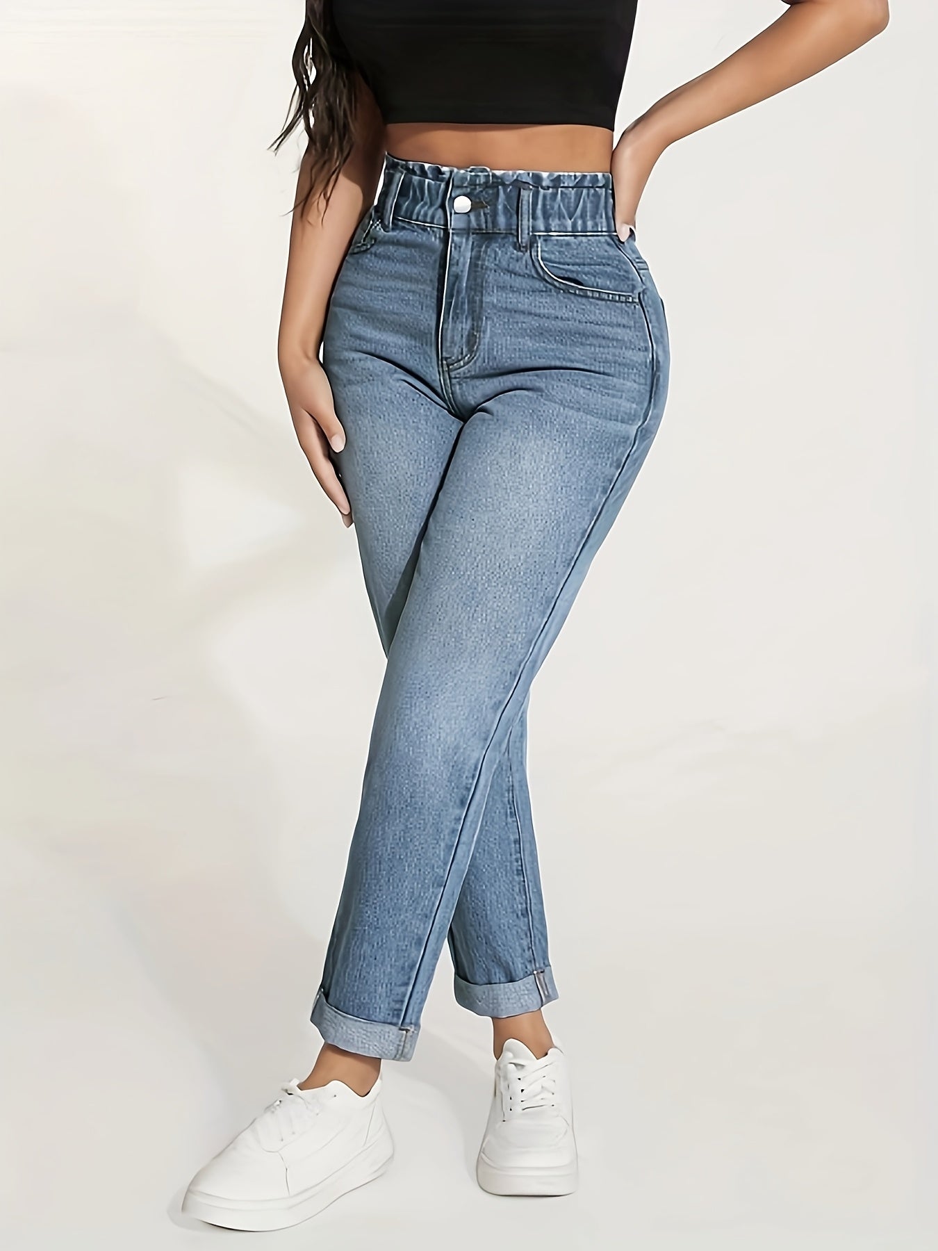 Womens straight-leg jeans with elastic waist and rolled hem, machine washable