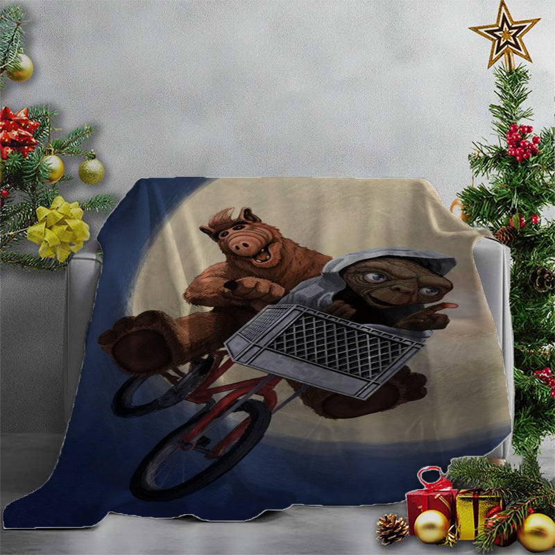 Cartoon Alien Bicycle Fleece Throw Blanket featuring ALF & E.T. - Made of Soft and Cozy Polyester - Perfect for Sofa, Office, Bed, Camping & Travel - Great All-Season Gift for Alien Fans