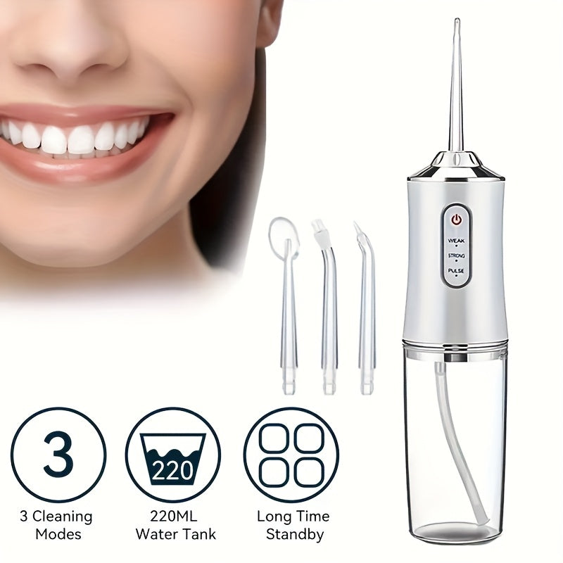 Portable rechargeable water flosser with 3 modes and 4 nozzle functions for dental hygiene on-the-go.