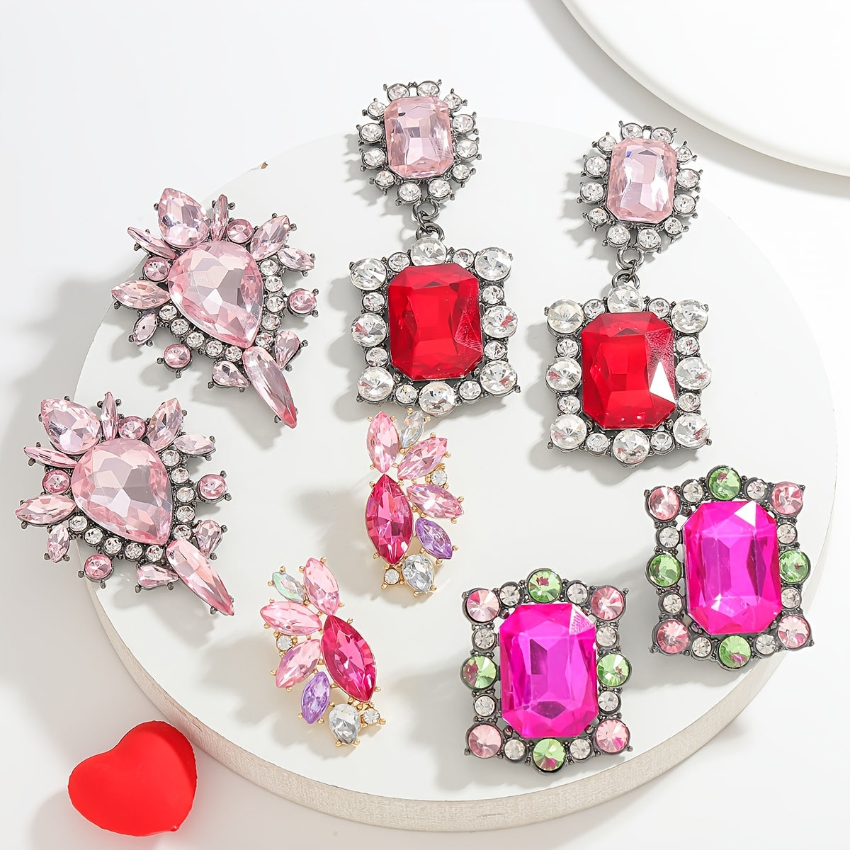 Surprise Her with a Stunning Valentine's Day Gift - Chic Pink and Red Rhinestone Earrings, featuring Unique Oval and Teardrop Shapes adorned with Sparkling Details, Made of High-Quality Alloy with Stainless Steel Posts, Perfect for Special Events and