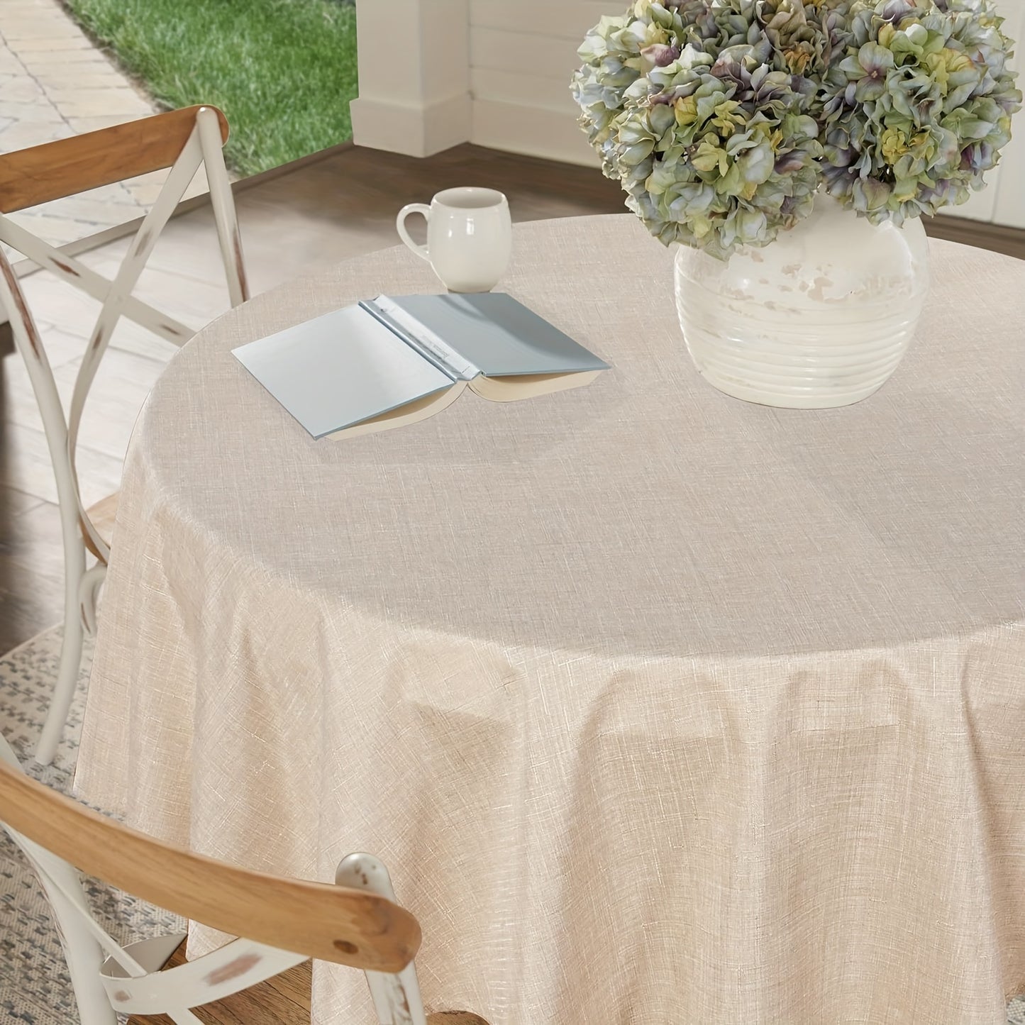 Beige waterproof polyester tablecloth for various occasions, including picnics, holidays, camping, weddings, birthdays, parties, and restaurant buffets, as well as for home kitchen and dining table decor.