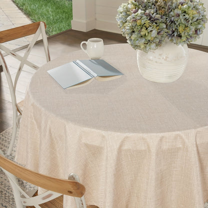 Beige waterproof polyester tablecloth for various occasions, including picnics, holidays, camping, weddings, birthdays, parties, and restaurant buffets, as well as for home kitchen and dining table decor.