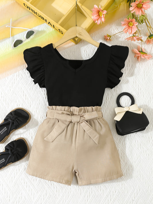 Wood Ear Side Flying Sleeve Top with Fashion Belt Shorts for Girls, Ideal for Outdoor Wear